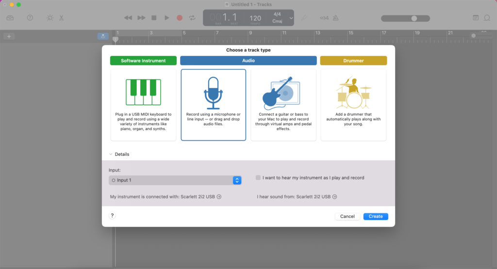 GarageBand create new project and track